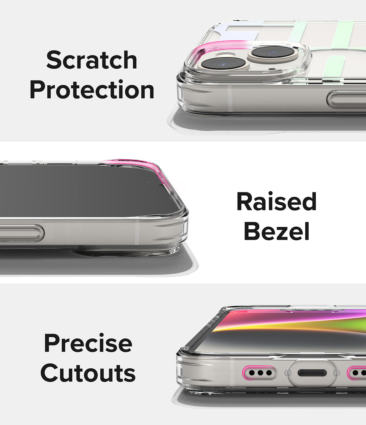iPhone 14 Plus Case | Fusion Design - Close-ups of clear phone case highlighting scratch protection, raised bezels, and precise cutouts.