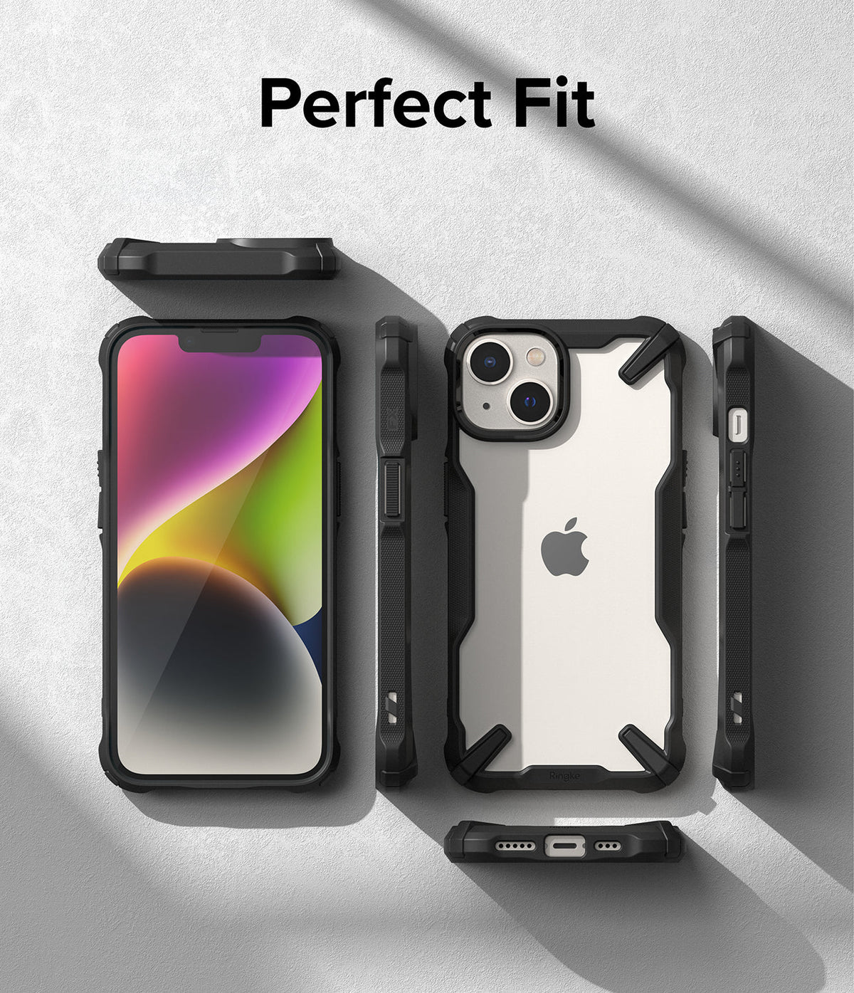 iPhone 14 Plus Case | Fusion-X - Exploded view of a black protective phone case showing front, back, and side profiles.