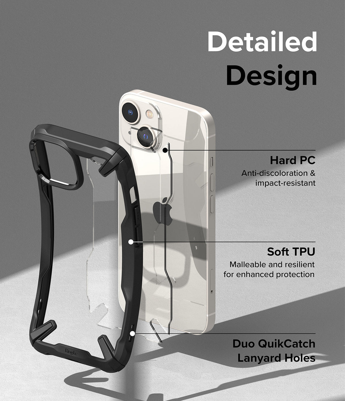 iPhone 14 Plus Case | Fusion-X - Exploded view of a phone case highlighting hard PC, soft TPU, and lanyard hole features.