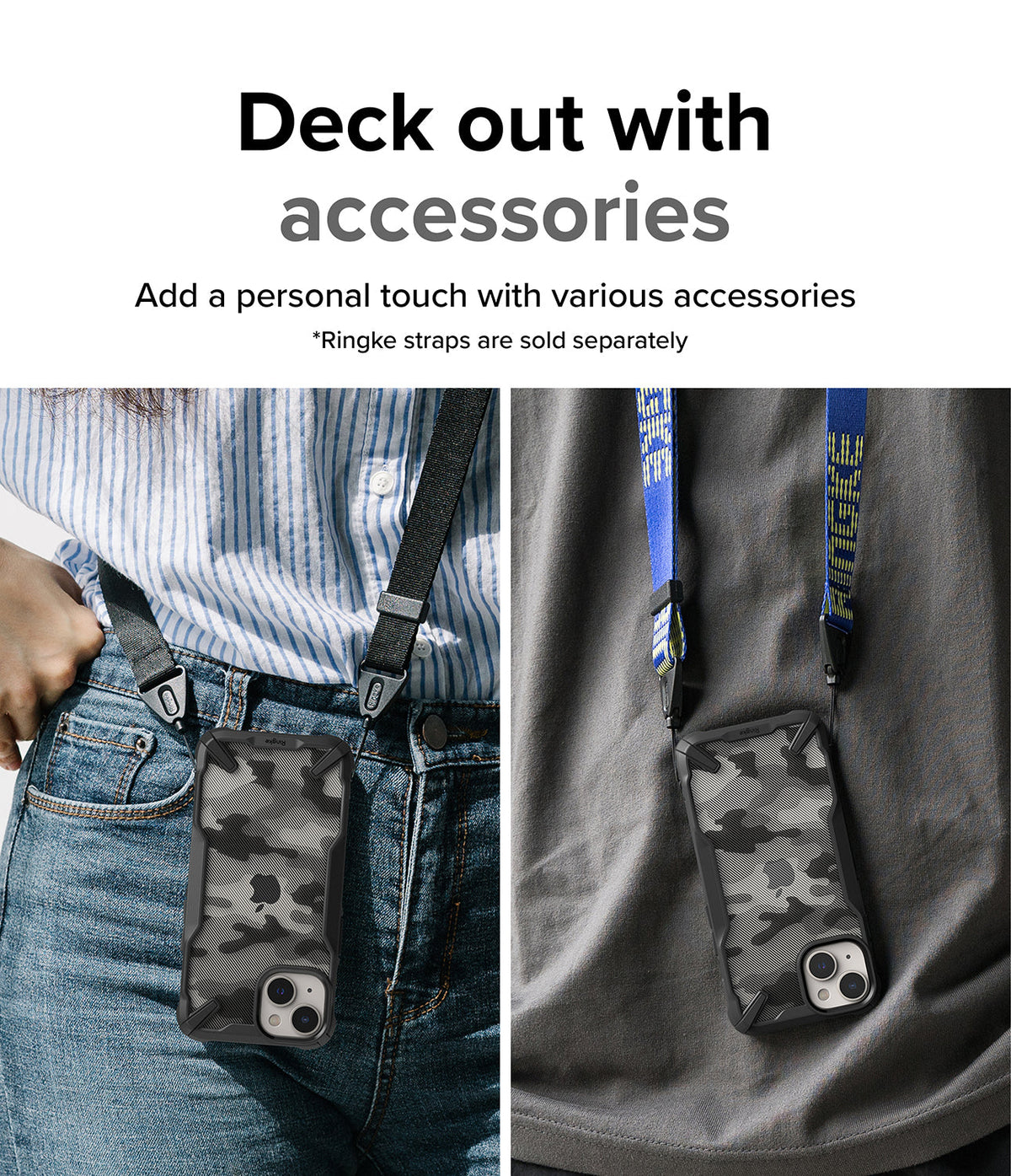 iPhone 14 Plus Case | Fusion-X - Camouflage phone case attached to various colorful neck straps worn by two people.