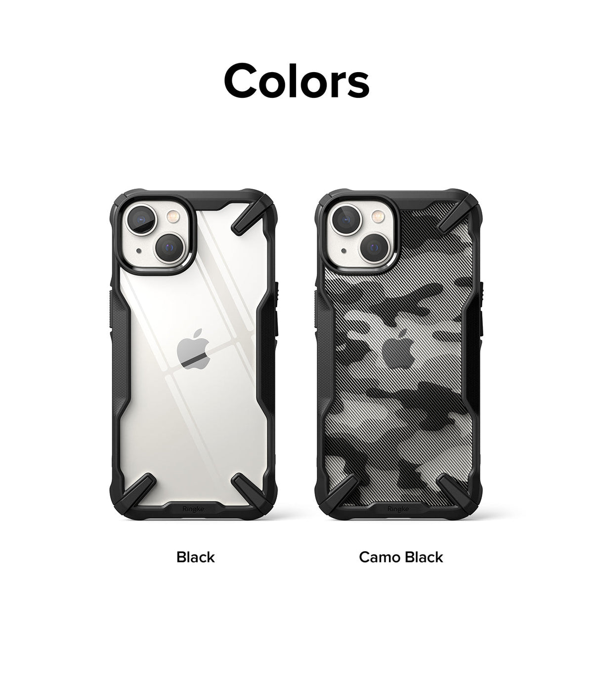iPhone 14 Plus Case | Fusion-X - Two iPhone 14 Plus phones in Black and Camo Black Fusion-X cases side-by-side.