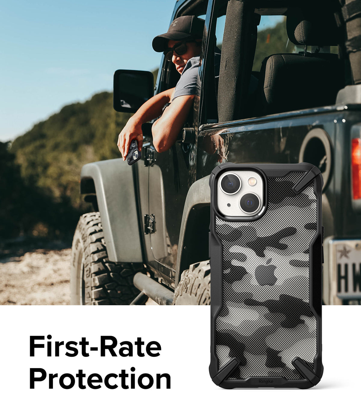 iPhone 14 Plus Case | Fusion-X - Black camo phone case with rugged bumper edges shown against a man in a Jeep.
