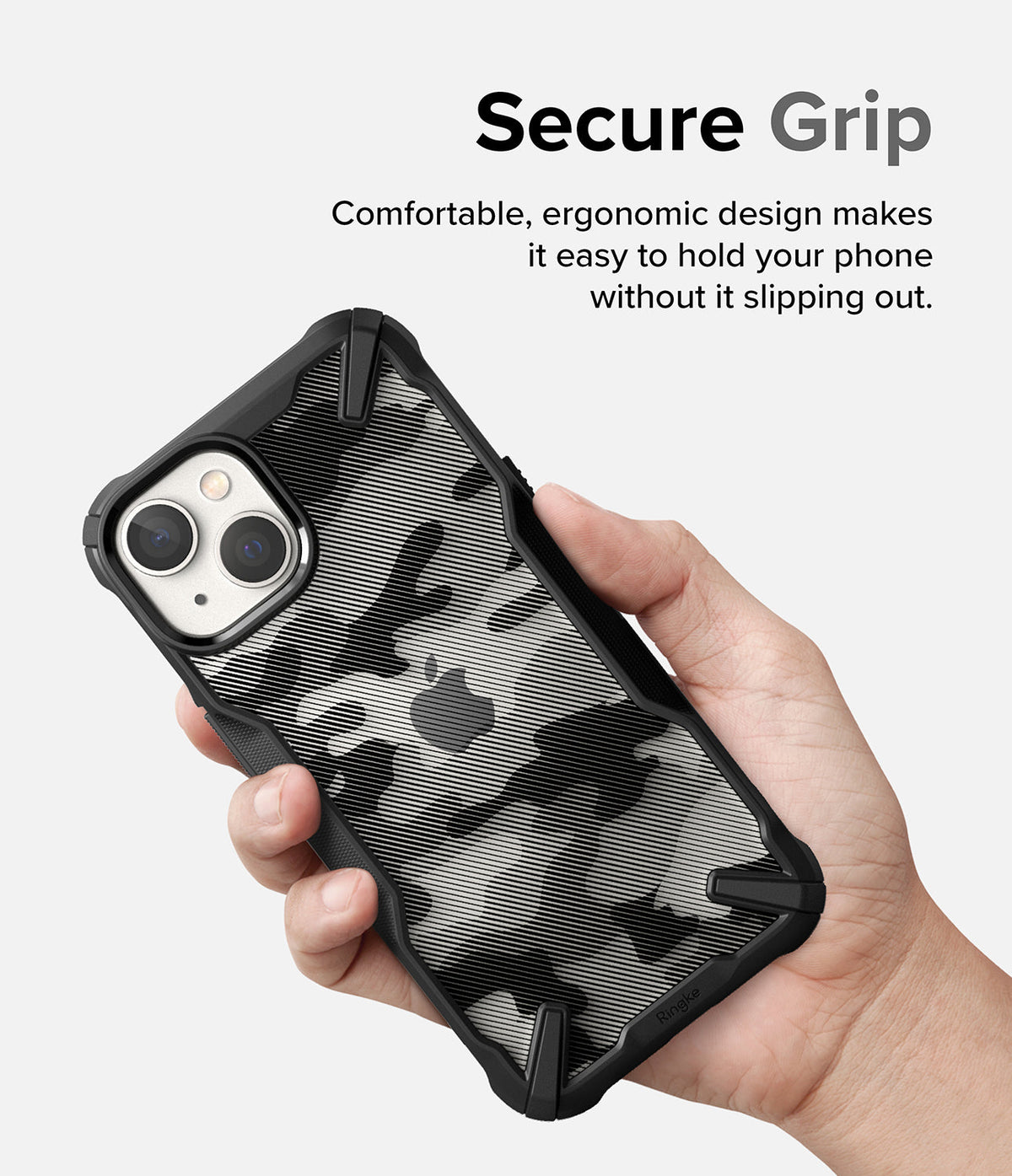 iPhone 14 Plus Case | Fusion-X - Hand holding a black camo iPhone 14 Plus case with a textured, ergonomic grip design.