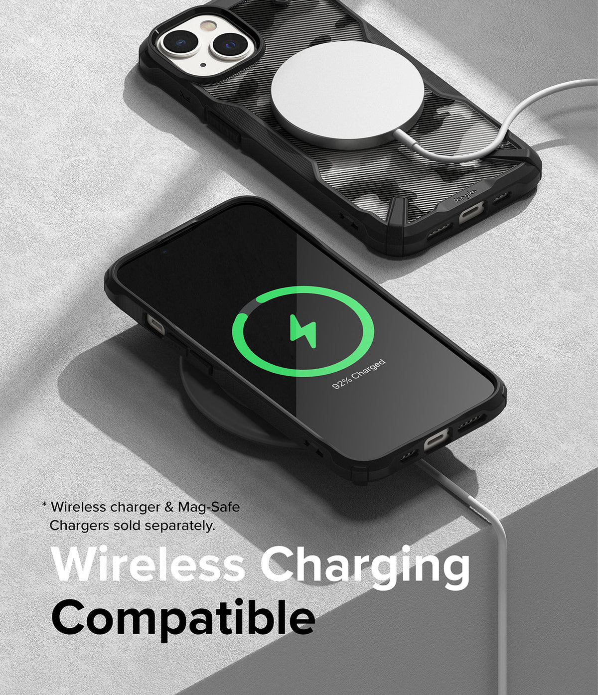 iPhone 14 Plus Case | Fusion-X - Black phone case with MagSafe charger and wireless charging screen indicator.