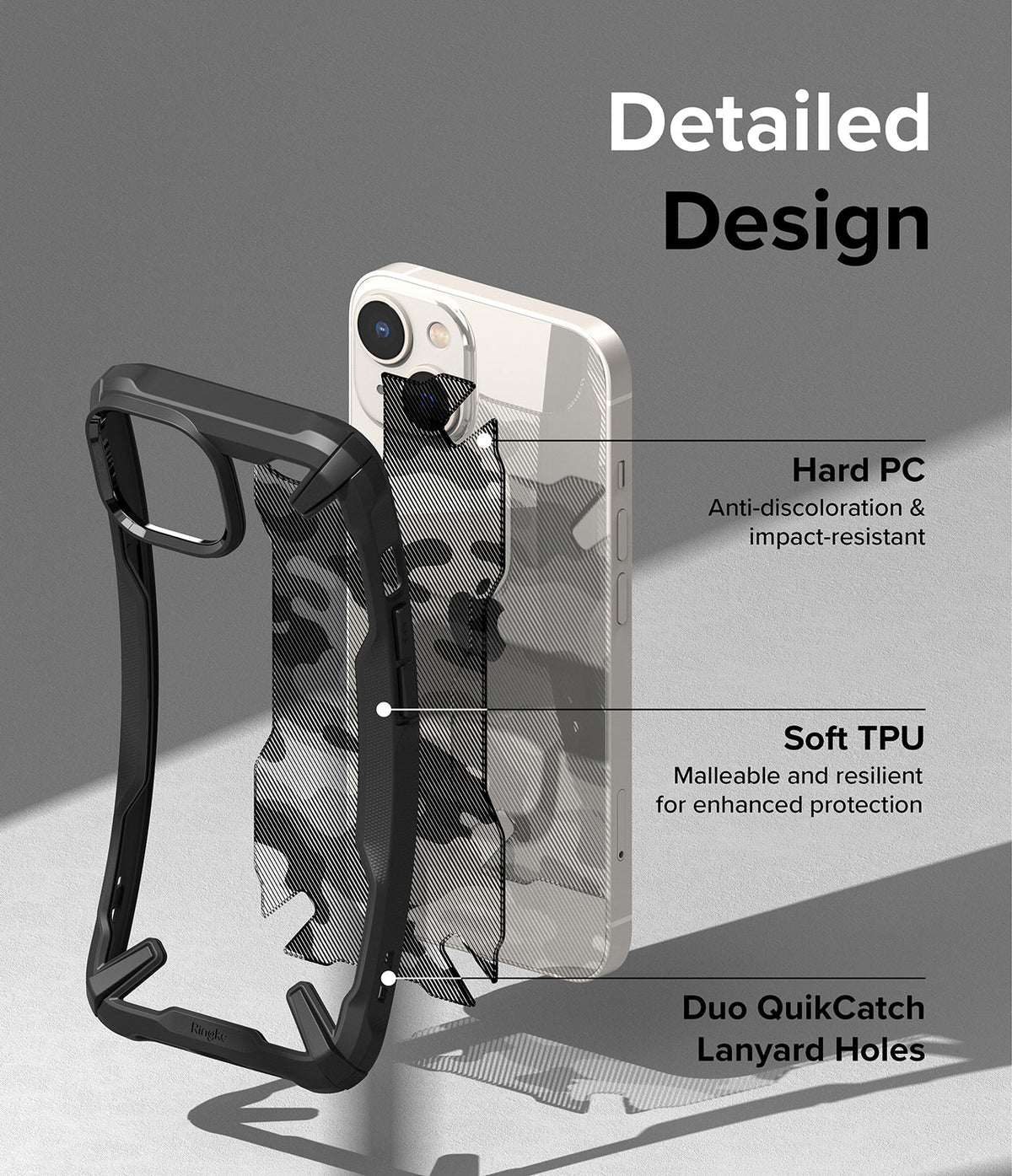 iPhone 14 Plus Case | Fusion-X - Exploded view of phone case showing hard PC back, soft TPU frame, and lanyard holes.