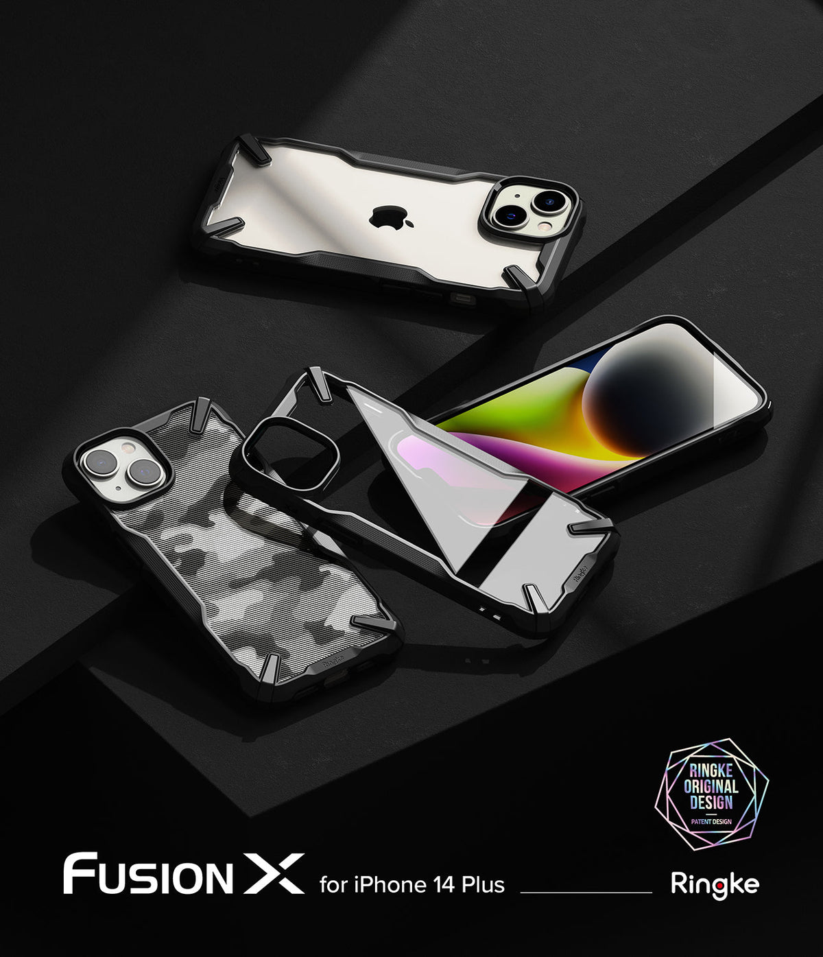 iPhone 14 Plus Case | Fusion-X - Three Fusion-X cases for iPhone 14 Plus displayed on a black surface, showing clear and camo designs.