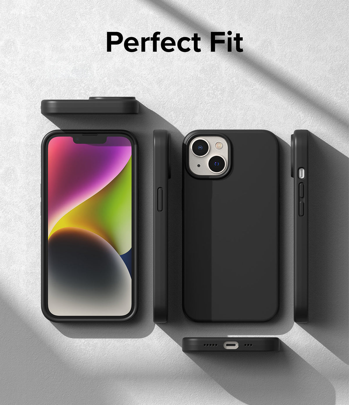 iPhone 14 Plus Case | Silicone - Black silicone case shown from front, back, and sides, highlighting precise cutouts.