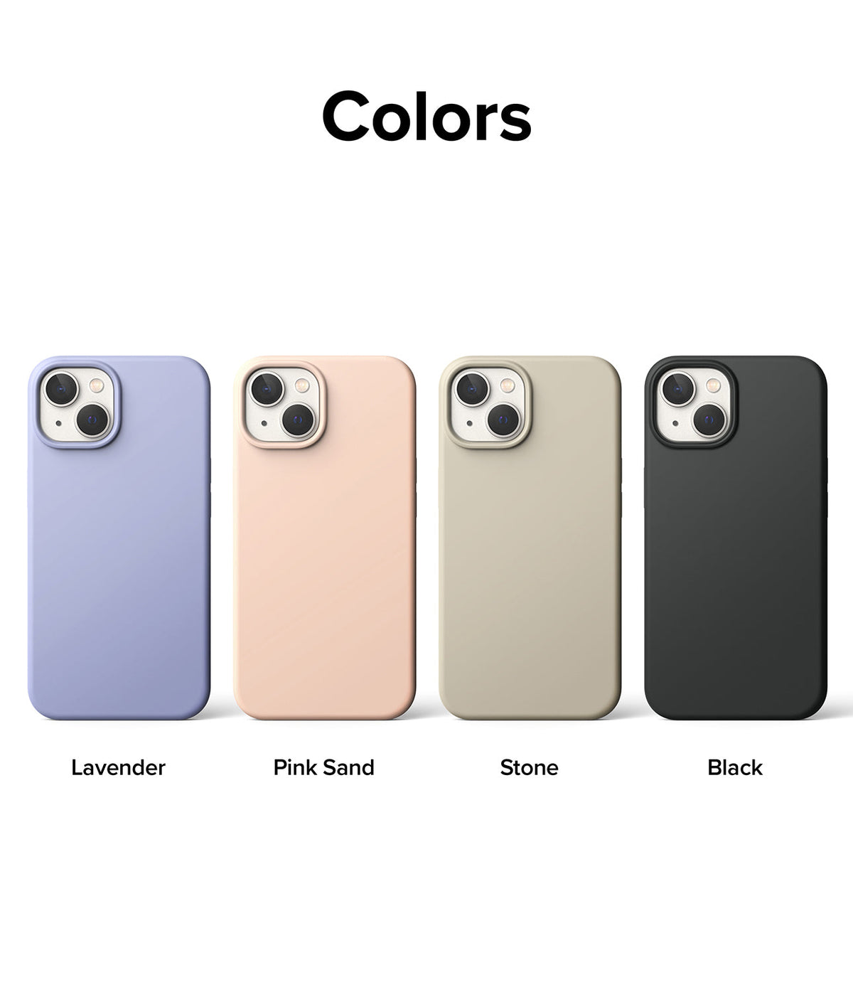 iPhone 14 Plus Case | Silicone - Four silicone iPhone 14 Plus cases in lavender, pink sand, stone, and black arranged in a row.