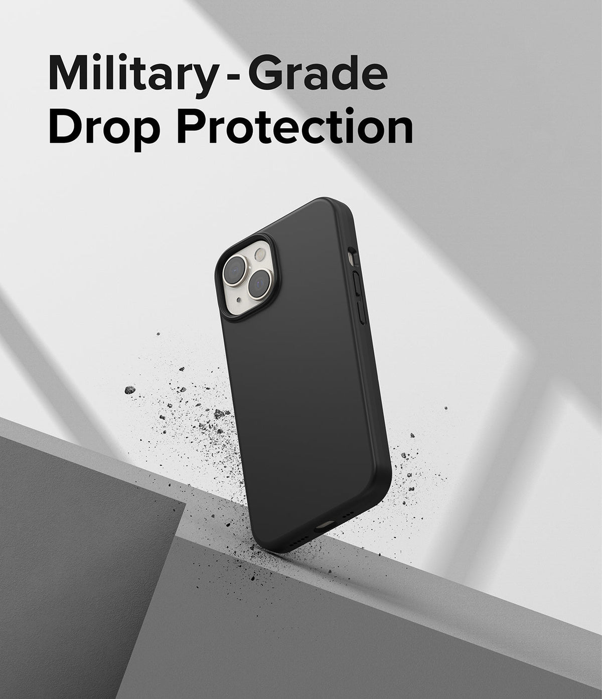 iPhone 14 Plus Case | Silicone - Black phone case hovering over a concrete edge with text reading Military-Grade Drop Protection.