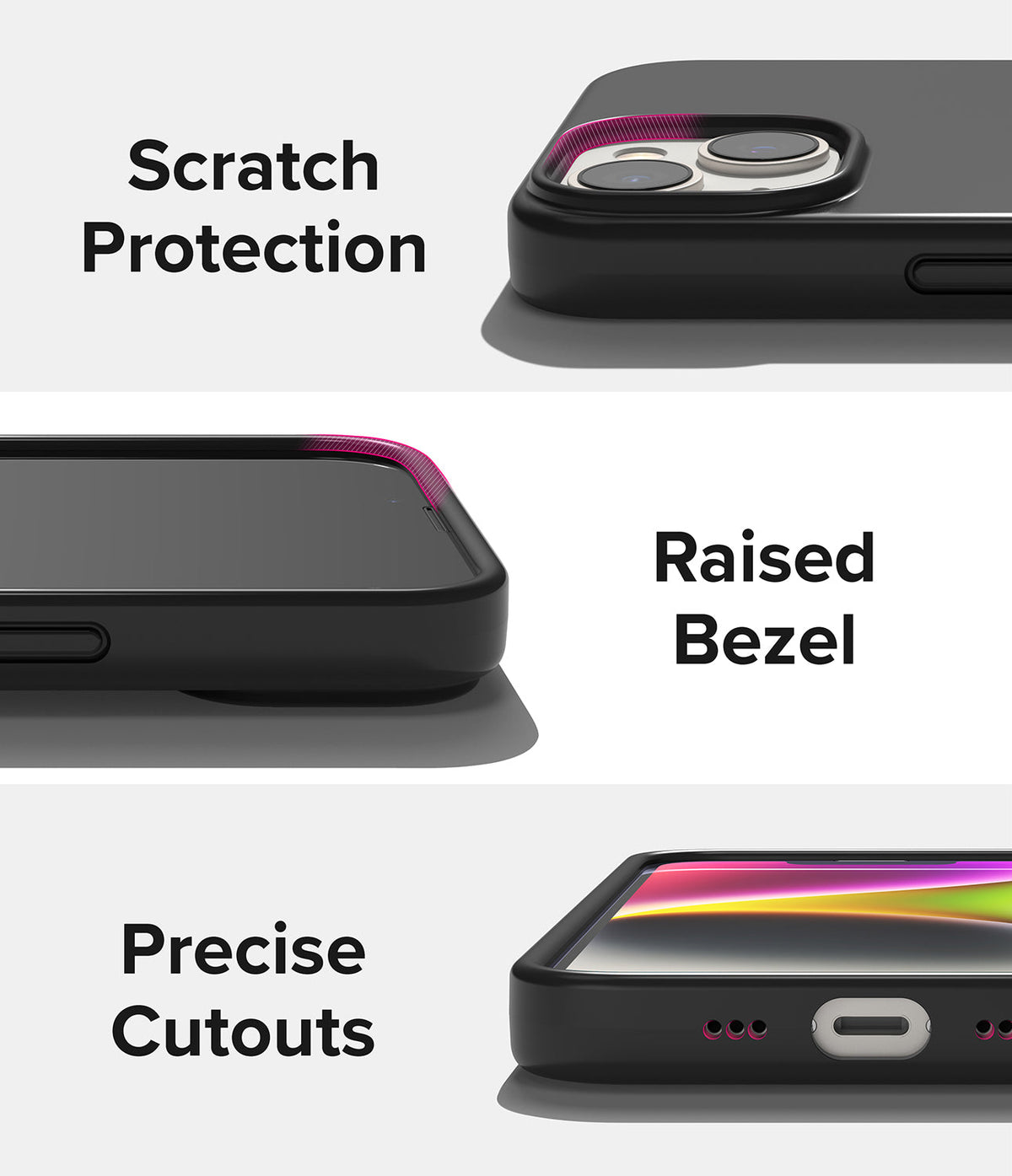 iPhone 14 Plus Case | Silicone - Three views showing raised bezels for camera and screen protection and precise port cutouts.