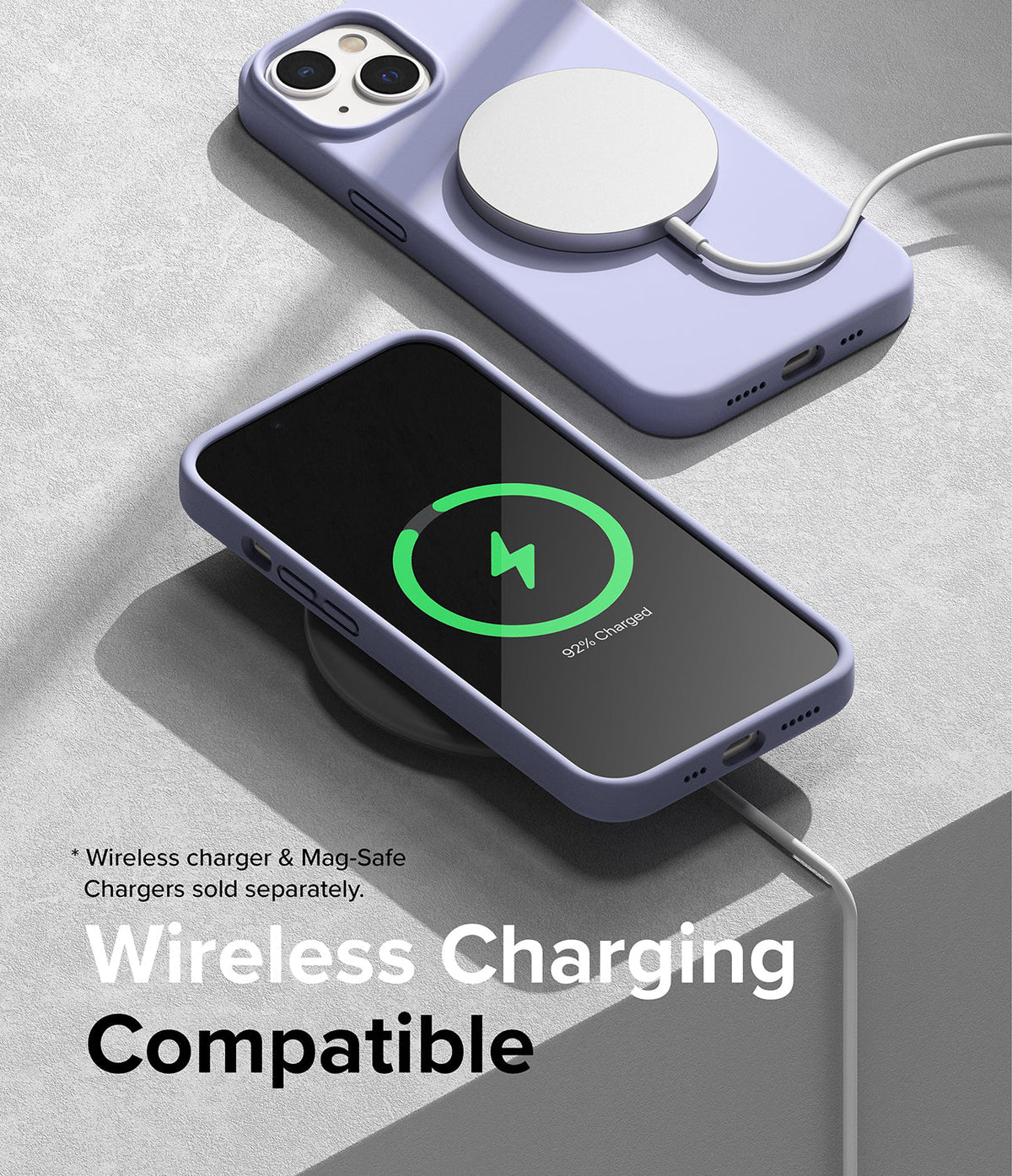 iPhone 14 Plus Case | Silicone - Lavender silicone iPhone 14 Plus case shown charging wirelessly with MagSafe and a pad.