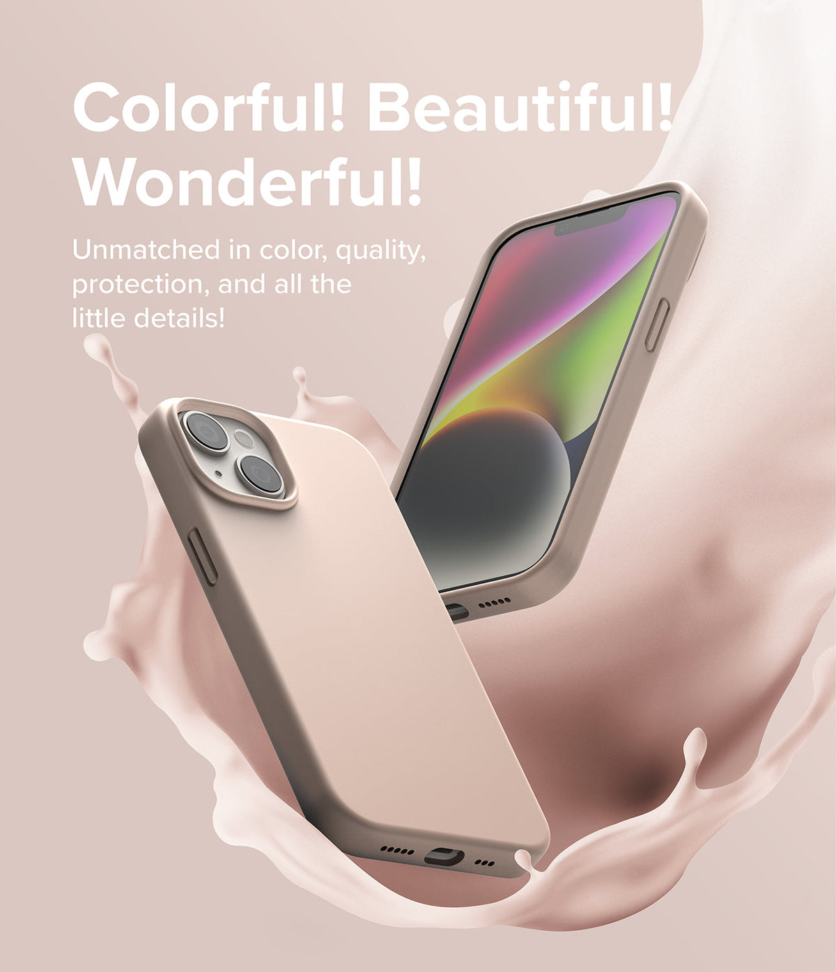 iPhone 14 Plus Case | Silicone - Two beige silicone iPhone 14 Plus cases floating amidst a splash of matching liquid.