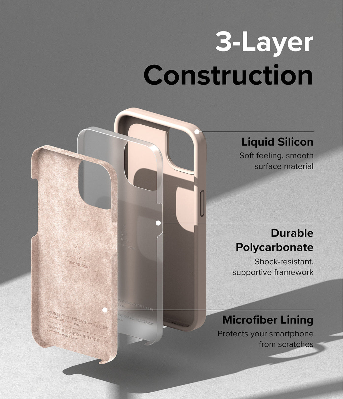 iPhone 14 Plus Case | Silicone - Exploded view showing liquid silicone, polycarbonate, and microfiber lining layers.