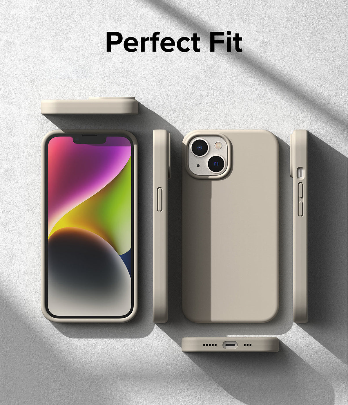 iPhone 14 Plus Case | Silicone - Beige phone case shown from multiple angles with a phone screen and cutouts.
