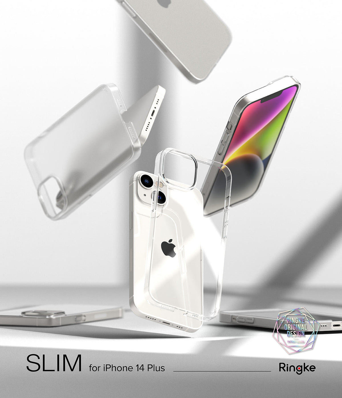 iPhone 14 Plus Case | Slim - Clear iPhone 14 Plus cases floating in a bright, minimalist studio setting.
