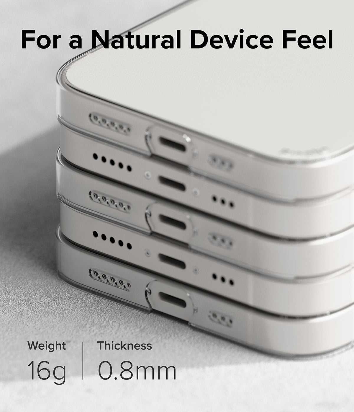 iPhone 14 Plus Case | Slim - Stack of three slim clear phone cases showing charging ports and speaker grilles, 16g and 0.8mm.