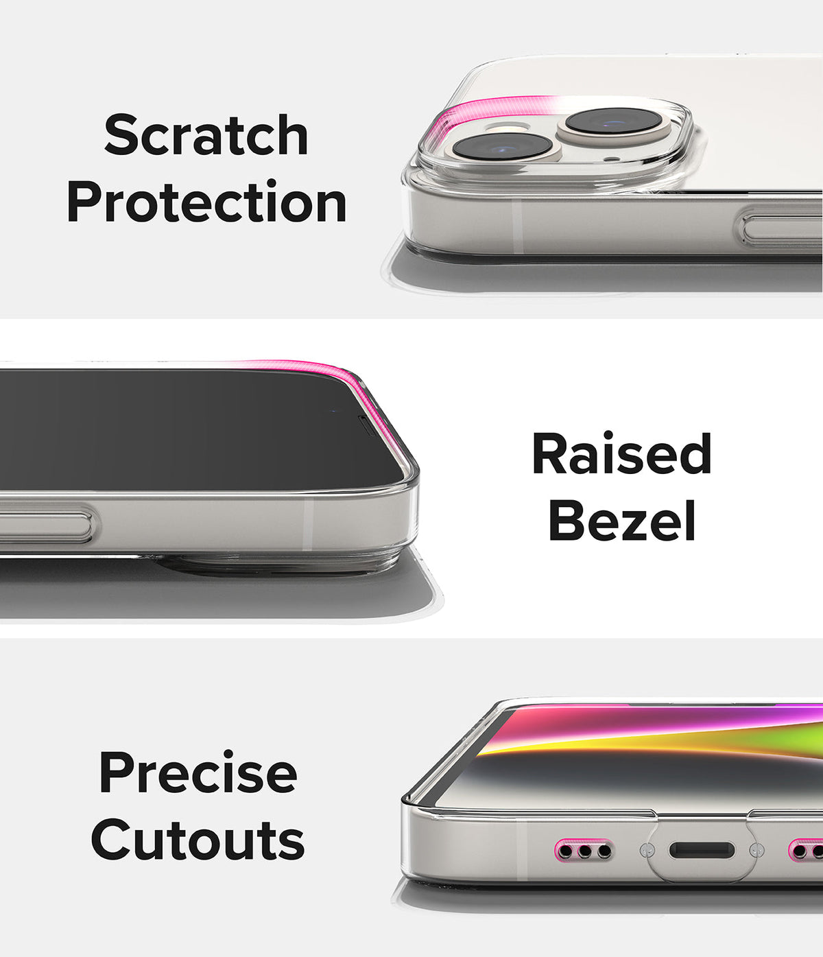 iPhone 14 Plus Case | Slim - Close-ups showing camera scratch protection, raised screen bezel, and precise port cutouts.