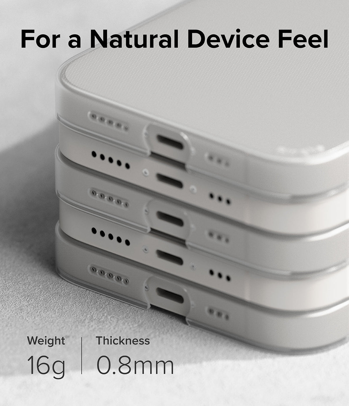 iPhone 14 Plus Case | Slim - Stack of four thin, translucent phone cases showing speaker and charging port cutouts.