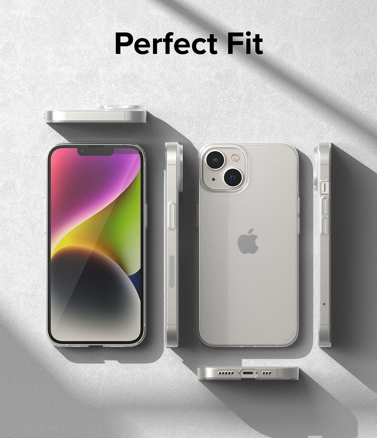 iPhone 14 Plus Case | Slim - Multiple views of a clear iPhone 14 Plus case on a textured gray background with Perfect Fit text.