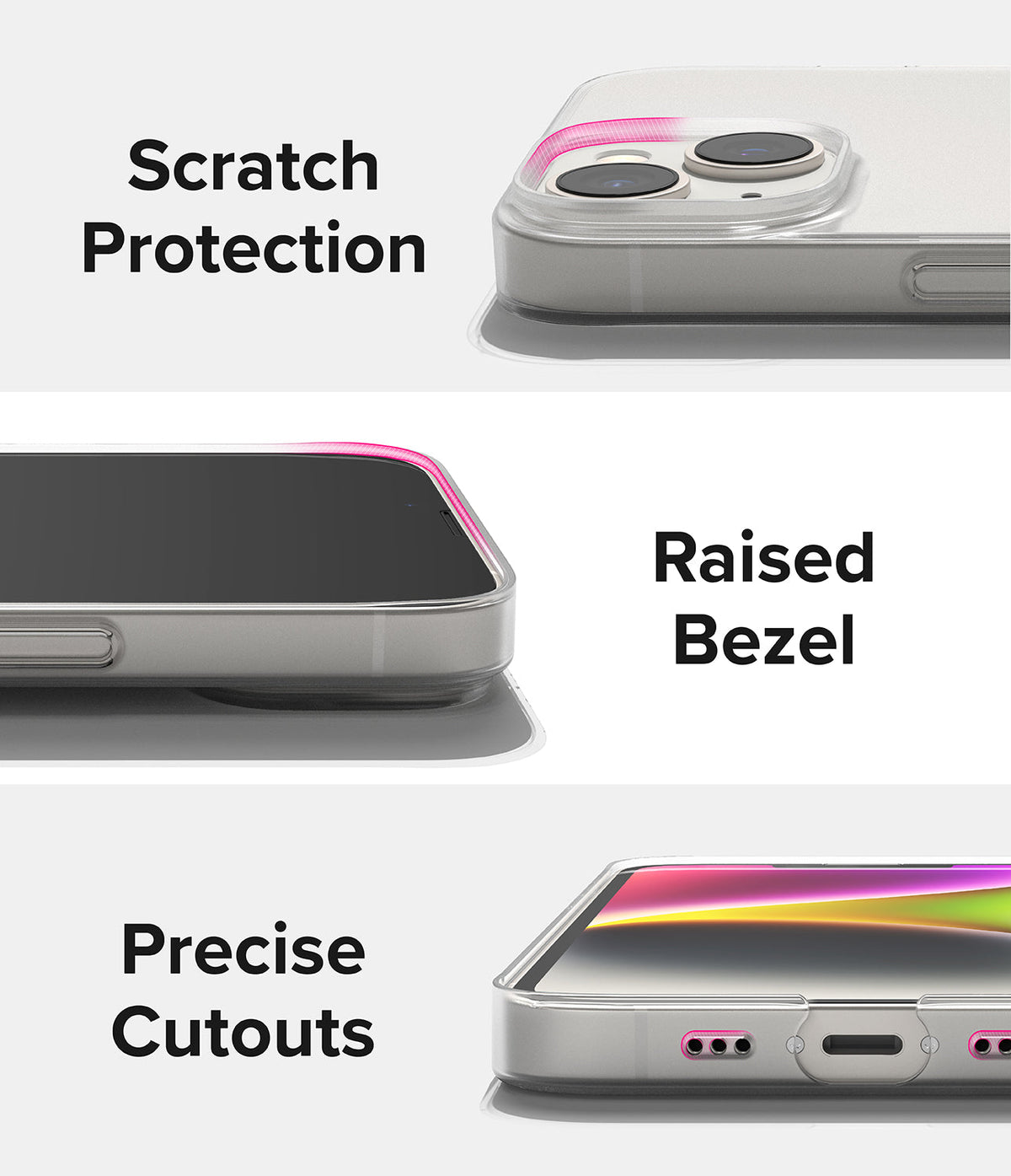 iPhone 14 Plus Case | Slim - Three close-up views showing scratch protection, raised bezels, and precise port cutouts.