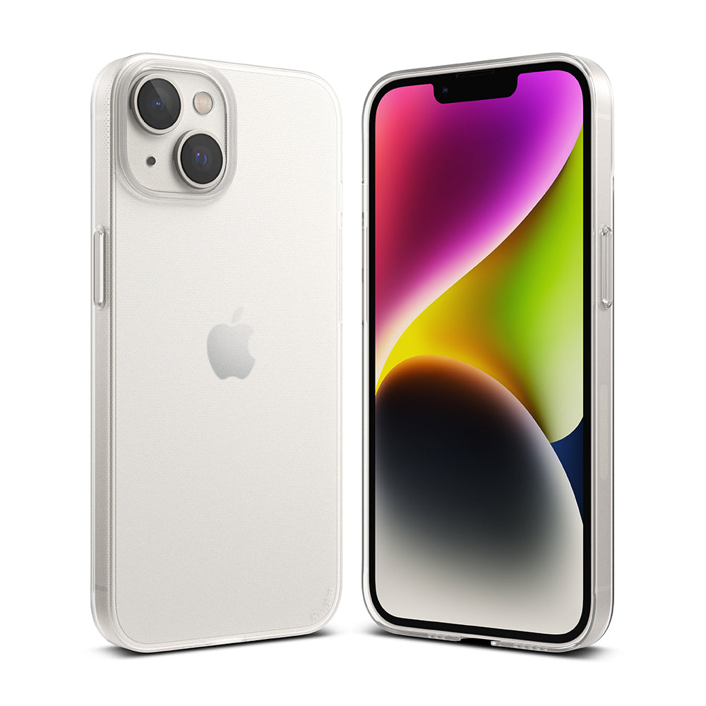 iPhone 14 Plus Case | Slim - Front and back view of a clear, slim protective case on an iPhone 14 Plus.