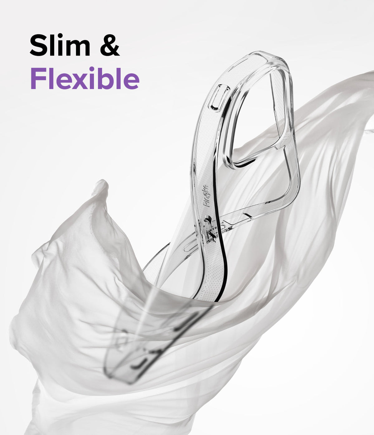 iPhone 14 Pro Max Case | Air - Clear, flexible phone case wrapped in flowing white fabric with "Slim & Flexible" text.