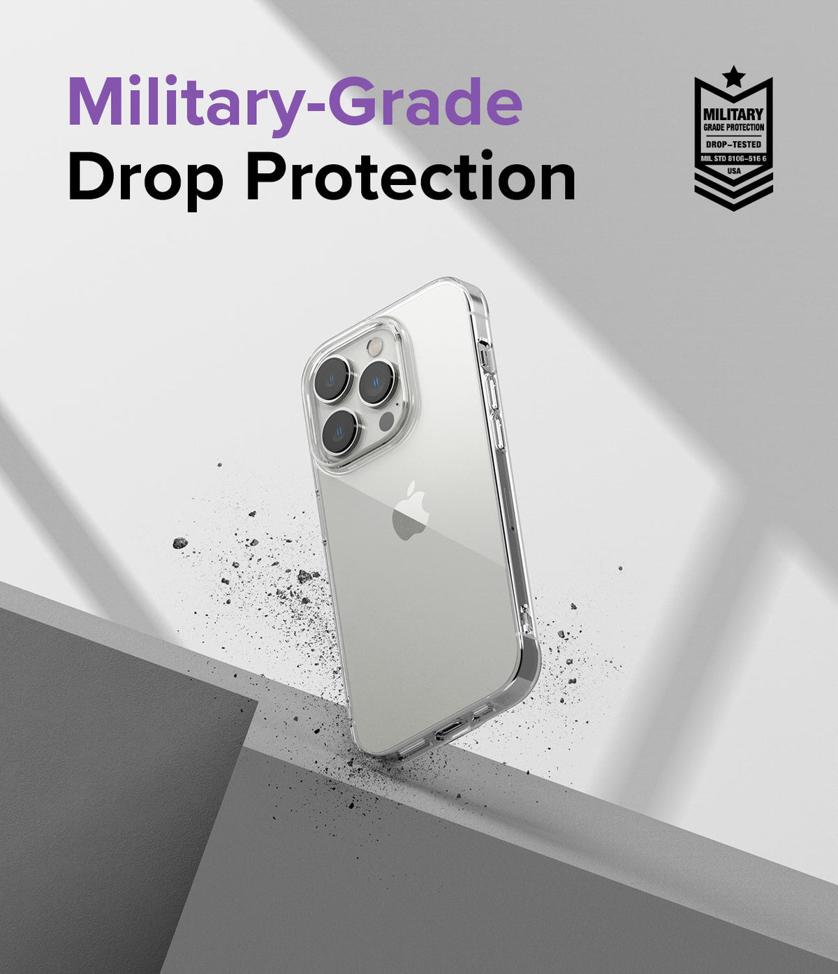 iPhone 14 Pro Max Case | Air - Clear phone case on a geometric background with military-grade drop protection text and badge.