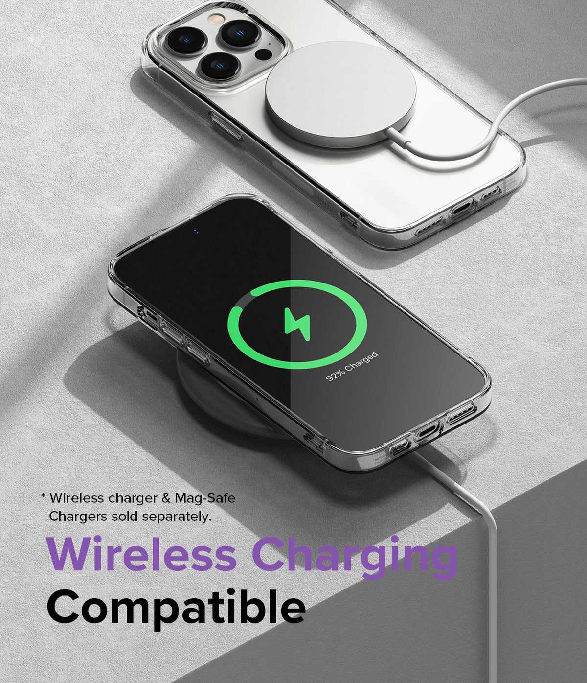 iPhone 14 Pro Max Case | Air - Clear phone case on an iPhone 14 Pro Max using MagSafe and wireless charging pads.