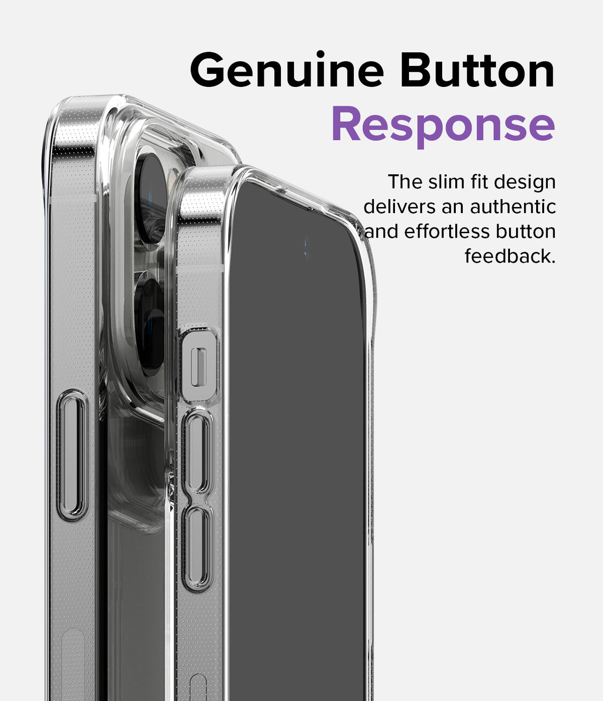 iPhone 14 Pro Max Case | Air - Close-up of a clear phone case on an iPhone showing tactile, responsive side buttons.