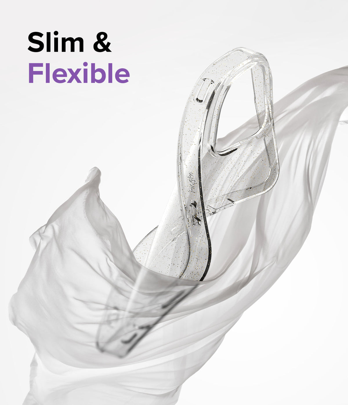 iPhone 14 Pro Max Case | Air - Clear glitter phone case wrapped in flowing white fabric with Slim & Flexible text.