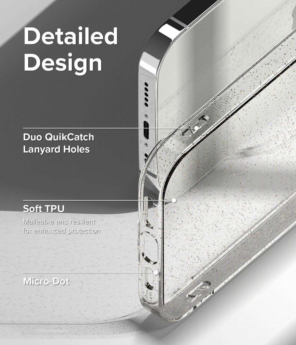 iPhone 14 Pro Max Case | Air - Close-up of clear glitter phone case highlighting lanyard holes, soft TPU, and micro-dot pattern.