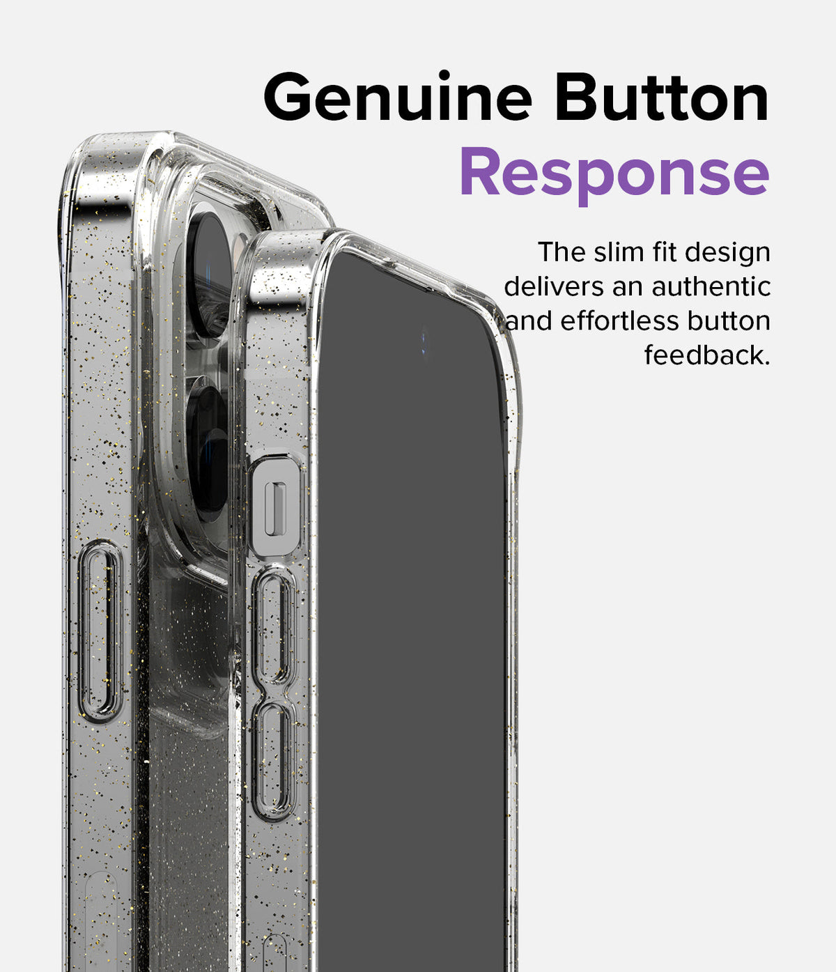 iPhone 14 Pro Max Case | Air - Clear glitter phone case showing side buttons and slim fit design on an iPhone.