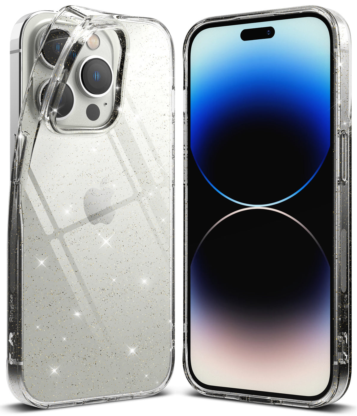 iPhone 14 Pro Max Case | Air - Clear, glitter-infused phone case shown from back and front views on an iPhone 14 Pro Max.
