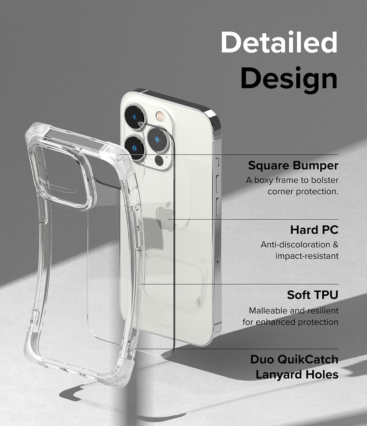 iPhone 14 Pro Max Case | Fusion Bumper - Clear phone case features labeled for square bumper, hard PC, soft TPU, and lanyard holes.