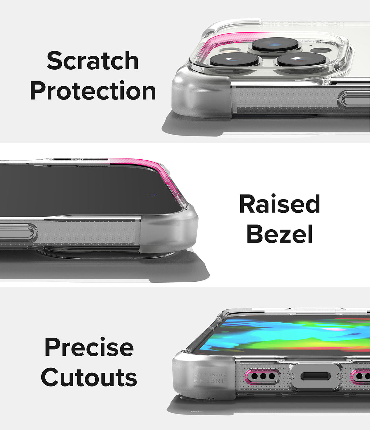 iPhone 14 Pro Max Case | Fusion Bumper - Close-ups showing scratch protection, raised bezels, and precise port cutouts.