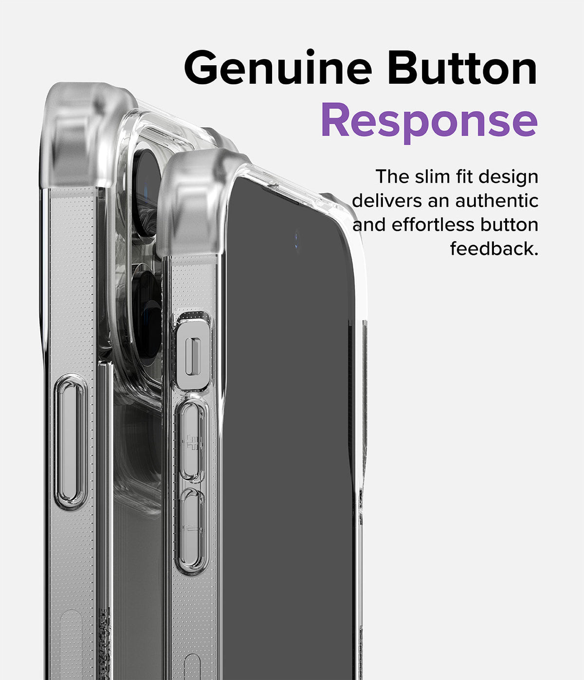 iPhone 14 Pro Max Case | Fusion Bumper - Close-up of a clear phone case highlighting responsive side buttons.