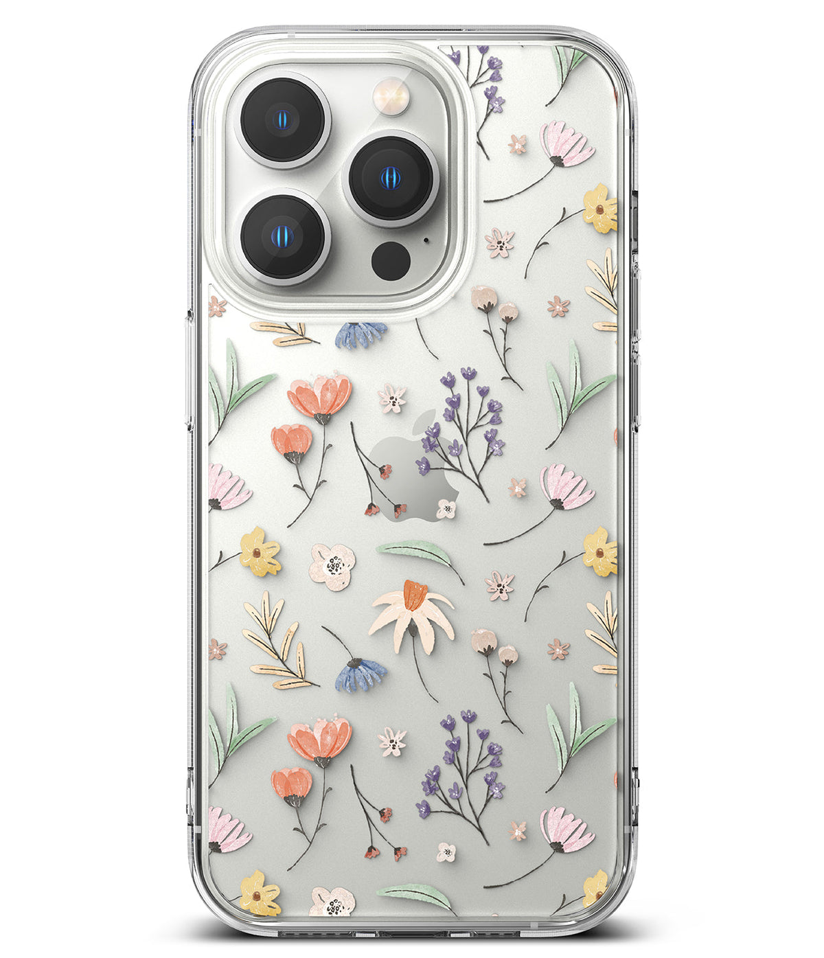 iPhone 14 Pro Max Case | Fusion Design - Clear phone case featuring a delicate, colorful floral pattern on a white background.