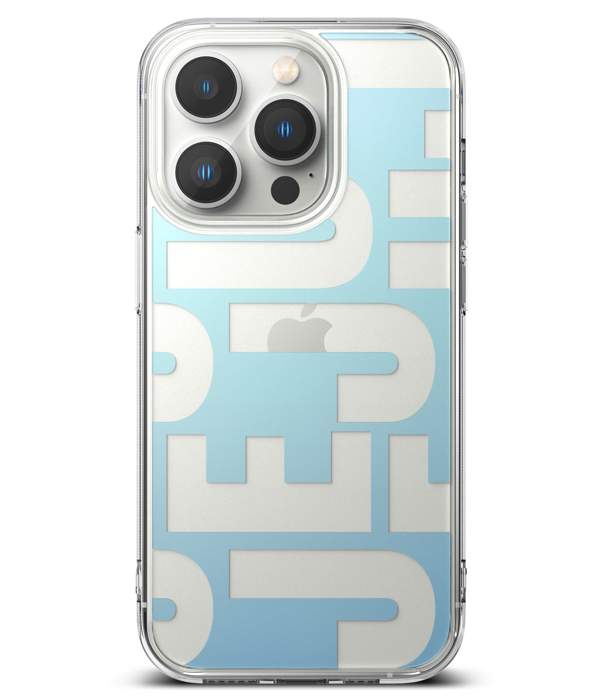 iPhone 14 Pro Max Case | Fusion Design - Clear phone case with large white abstract typography over a light blue background.
