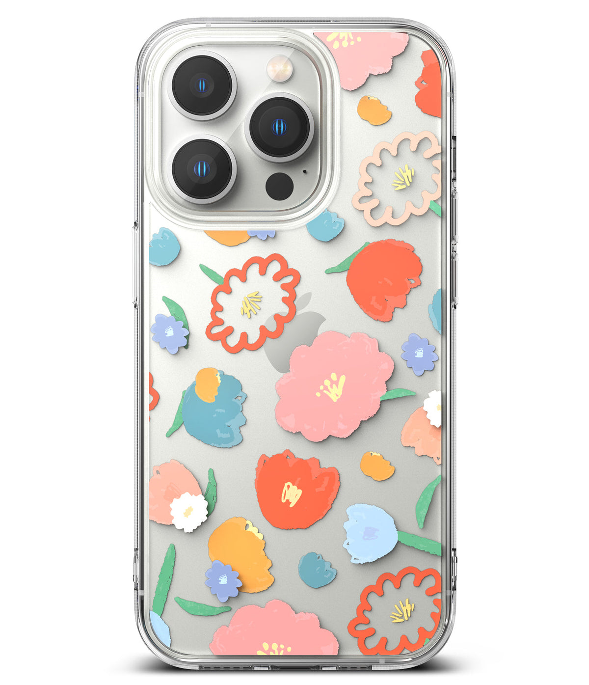 iPhone 14 Pro Max Case | Fusion Design - Clear phone case featuring a colorful, hand-drawn floral pattern with pastel flowers.