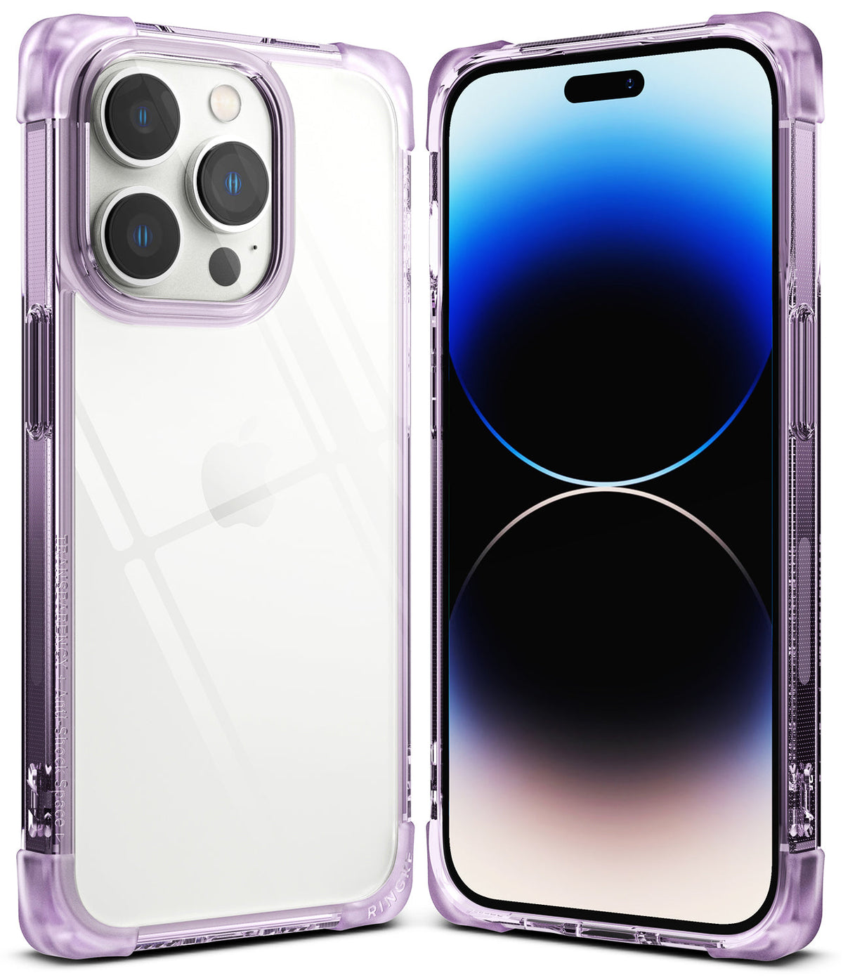 iPhone 14 Pro Max Case | Fusion Bumper - Front and back views of a purple-tinted clear phone case on an iPhone.