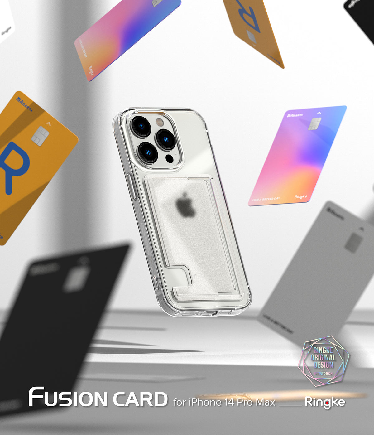 iPhone 14 Pro Max Case | Fusion Card - Clear phone case with card slot floating among colorful credit cards.