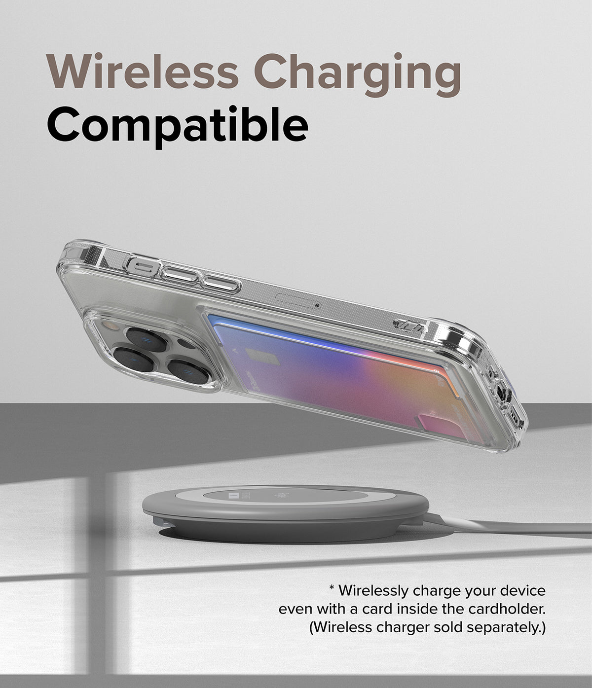 iPhone 14 Pro Max Case | Fusion Card - Clear phone case with a card holder hovering above a wireless charging pad.