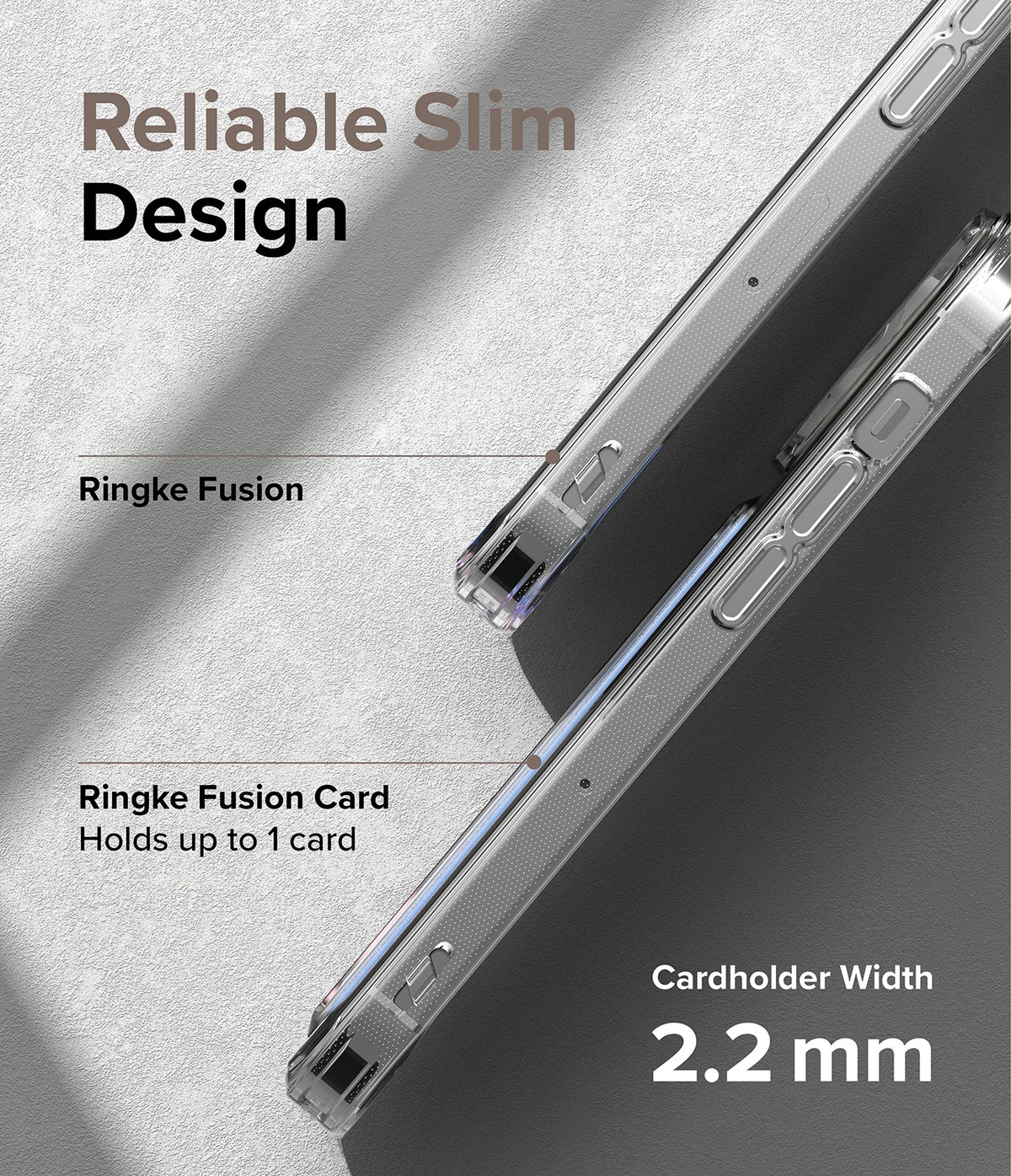 iPhone 14 Pro Max Case | Fusion Card - Comparison of a standard clear case and a slim cardholder case with 2.2mm width.
