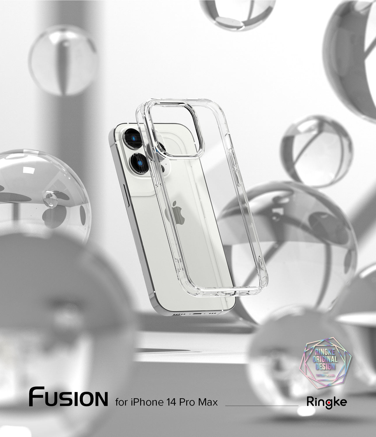 iPhone 14 Pro Max Case | Fusion - Clear protective case floating in front of an iPhone 14 Pro Max amidst glass spheres.