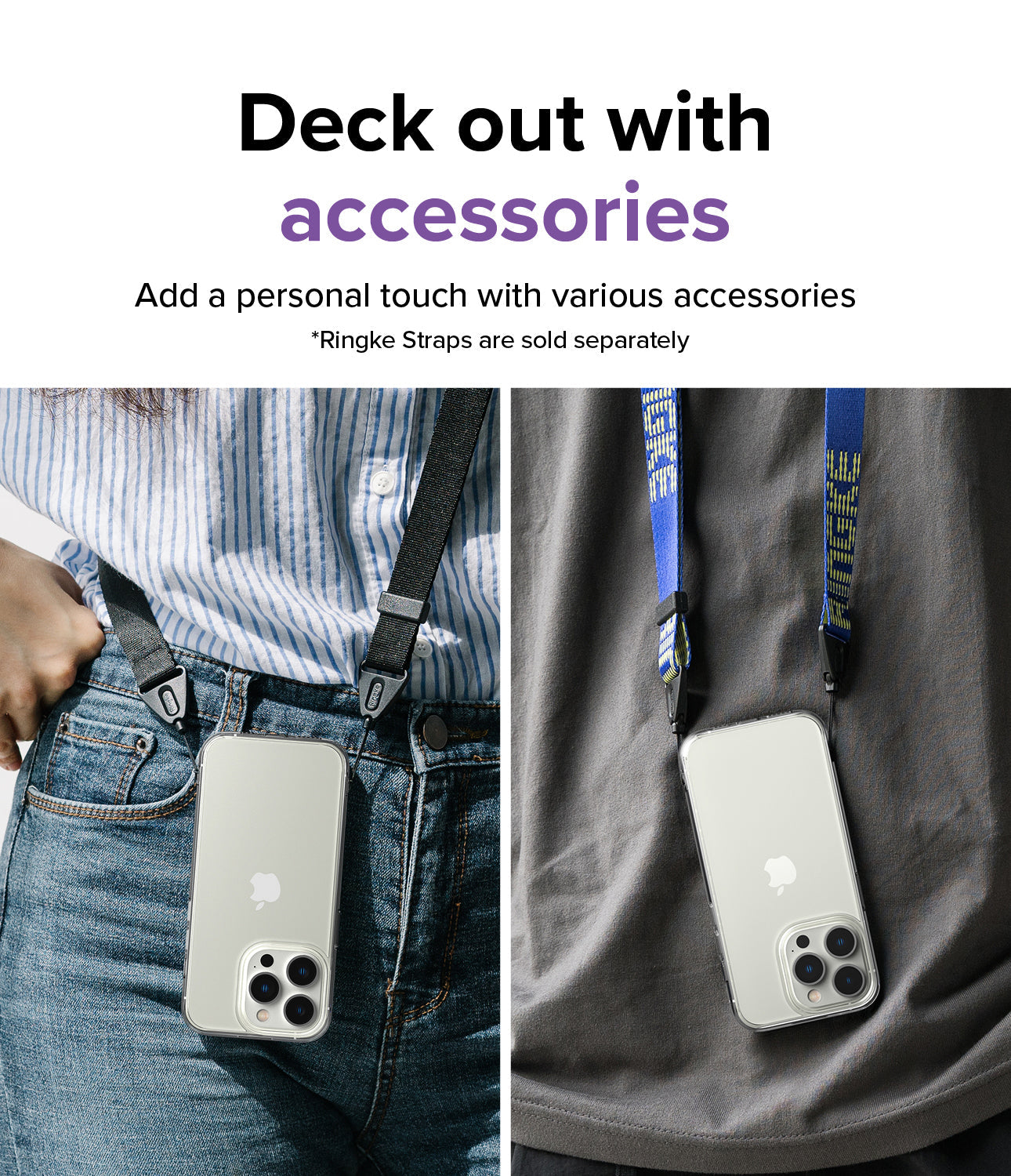 iPhone 14 Pro Max Case | Fusion - Two photos showing a clear phone case attached to black and blue branded neck straps.