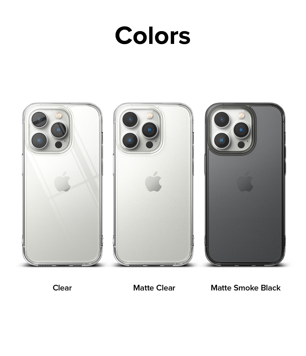 iPhone 14 Pro Max Case | Fusion - Three iPhone 14 Pro Max cases in Clear, Matte Clear, and Matte Smoke Black finishes.