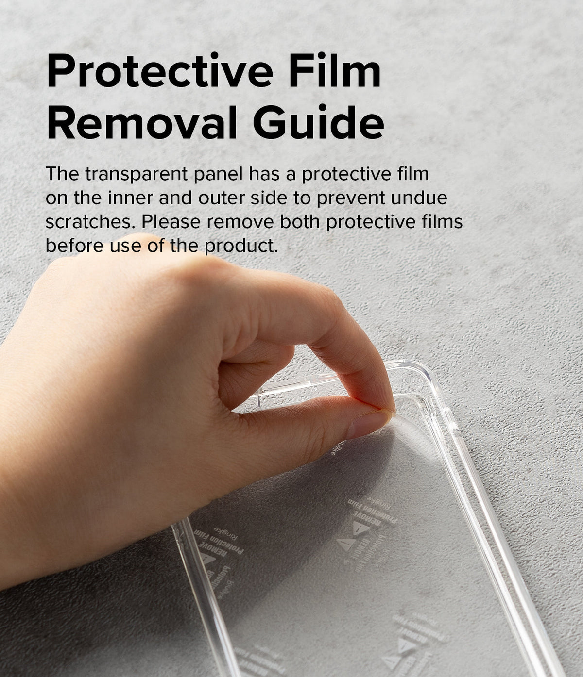 iPhone 14 Pro Max Case | Fusion - Hand peeling protective film off a clear phone case with instructional text above.
