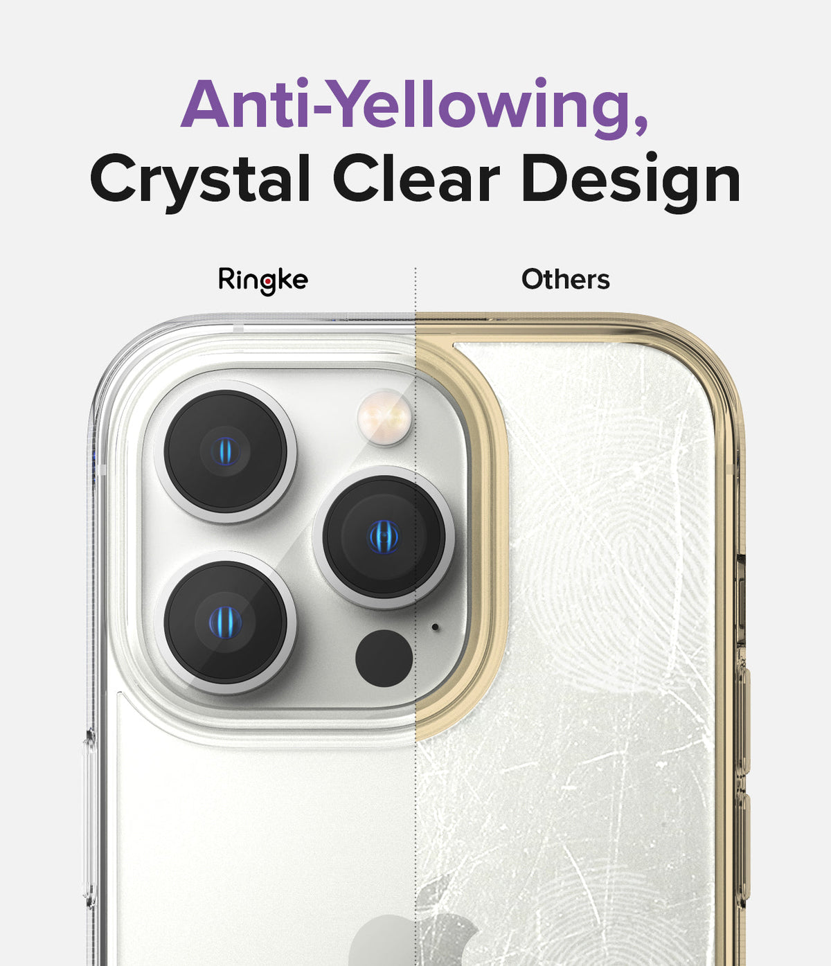 iPhone 14 Pro Max Case | Fusion - Comparison showing a clear Ringke case versus a yellowed, scratched competitor case.