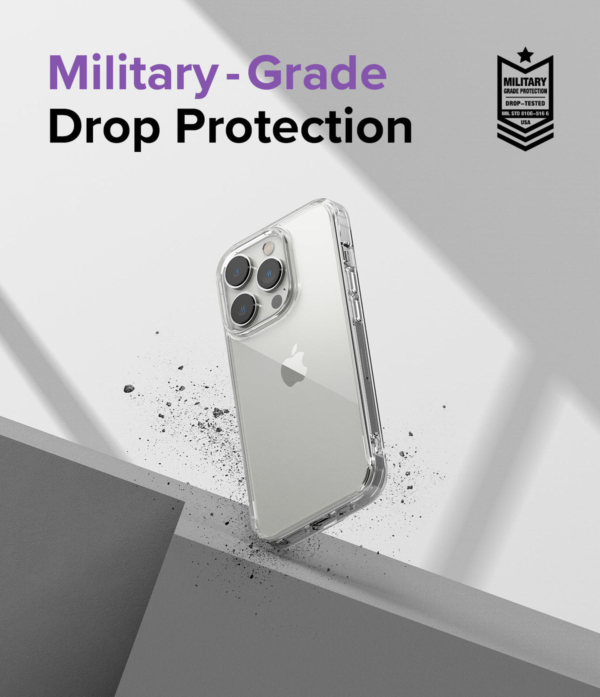 iPhone 14 Pro Max Case | Fusion - Clear phone case on a geometric surface with text highlighting military-grade drop protection.