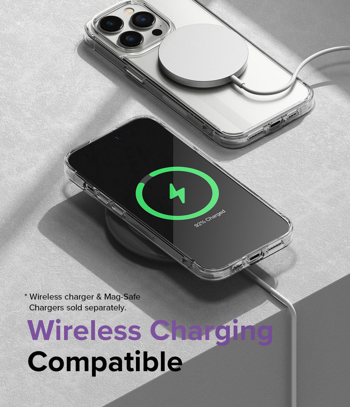 iPhone 14 Pro Max Case | Fusion - Clear phone case on an iPhone 14 Pro Max using magnetic and wireless charging pads.